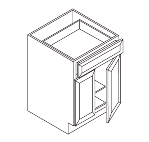 3D line drawing of a cabinet with an open door.